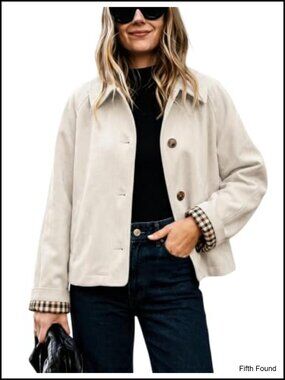 Faux Suede Cropped Trench Coat Plaid Lined Cuffs Casual Jacket